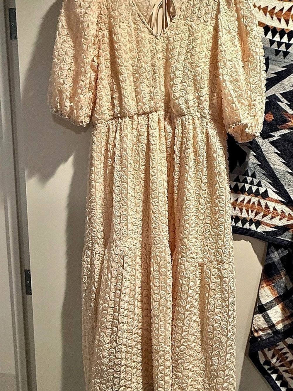 Textured Puff Sleeve Midi Dress, Cream